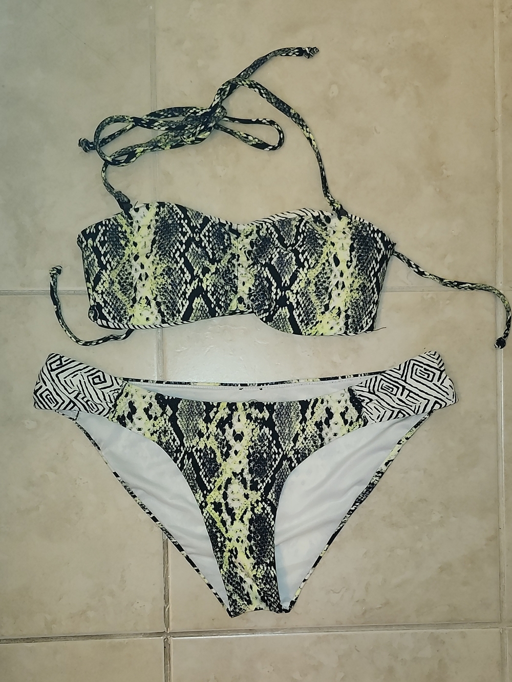 Volcom Black and Neon Yellow Snake Print Bikini